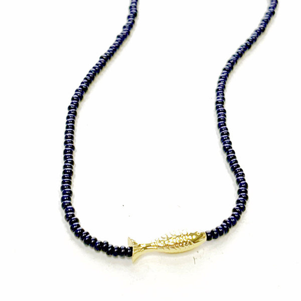Lucky Fish Beaded Necklace - Dark Navy