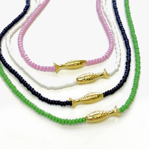 Lucky Fish Beaded Necklace - Dark Navy