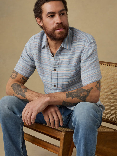 Faherty Short - Sleeve Palma Linen Shirt - Blue Gulf Stripe - nineNORTH | Men's & Women's Clothing Boutique