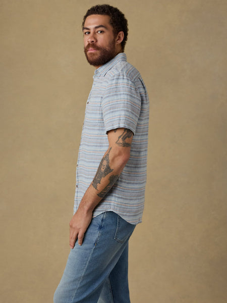 Faherty Short - Sleeve Palma Linen Shirt - Blue Gulf Stripe - nineNORTH | Men's & Women's Clothing Boutique