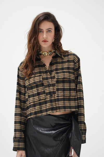 LNA Juno Cropped Button Up - Black Brown Plaid - nineNORTH