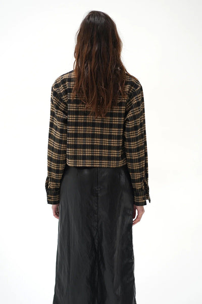 LNA Juno Cropped Button Up - Black Brown Plaid - nineNORTH