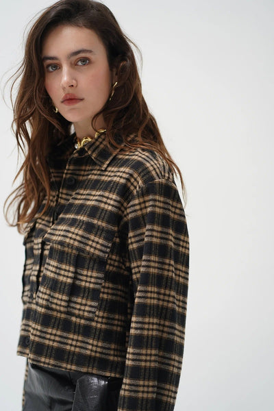 LNA Juno Cropped Button Up - Black Brown Plaid - nineNORTH