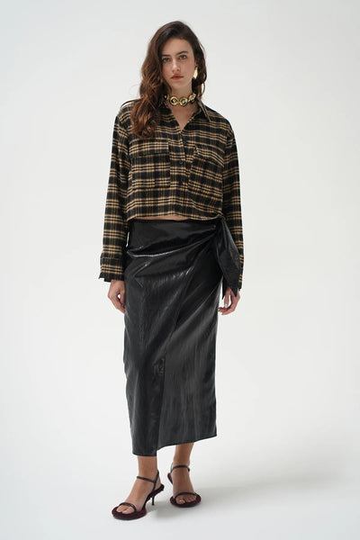 LNA Juno Cropped Button Up - Black Brown Plaid - nineNORTH