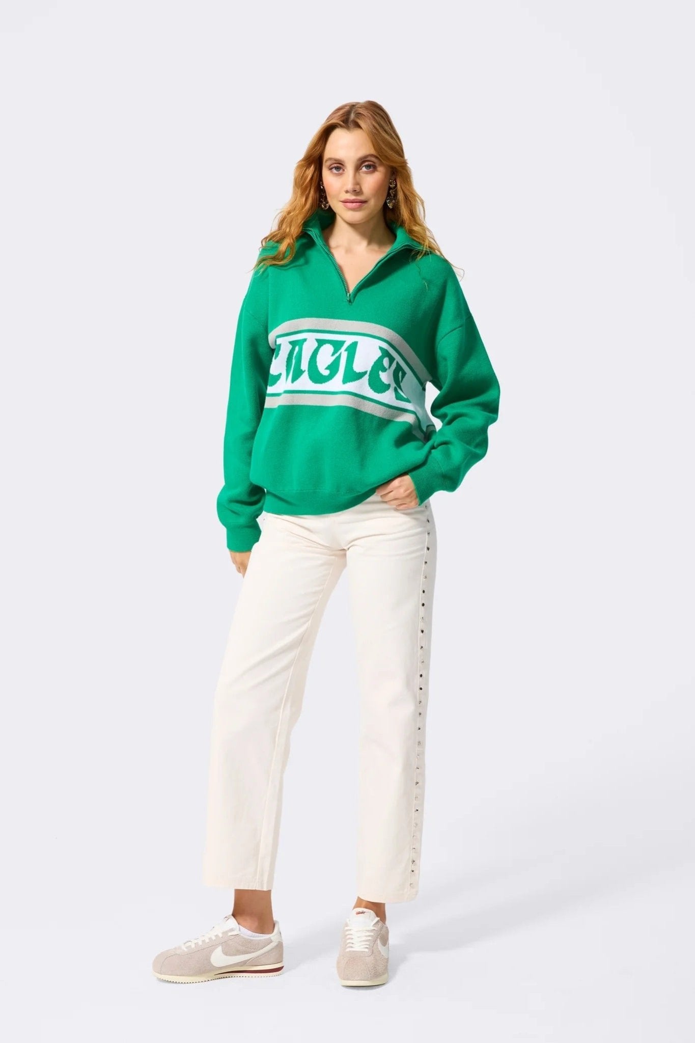 Terez Philadelphia Eagles Logo Stripe Quarter Zip Sweater in Vintage Kelly Green - nineNORTH | Men's & Women's Clothing Boutique