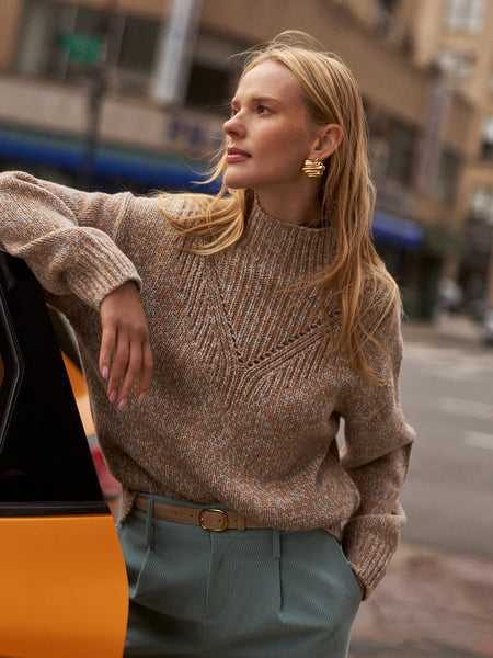 Varley Rosalind High-Neck Sweater - Mid Tan Fleck - nineNORTH