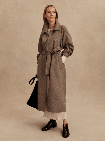 Varley Tomlinson Belted Long Coat / Deep Taupe & Sandshell Micro Puppytooth - nineNORTH | Men's & Women's Clothing Boutique