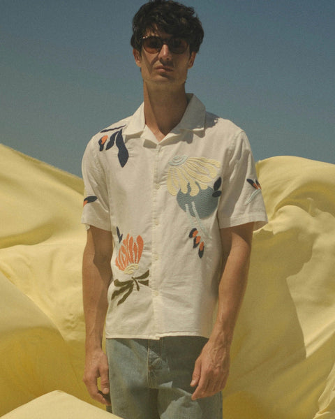 Wax London Didcot - Ecru And Multicolour Flower Embroidered Short - Sleeve Shirt - nineNORTH | Men's & Women's Clothing Boutique