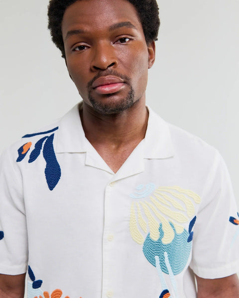 Wax London Didcot - Ecru And Multicolour Flower Embroidered Short - Sleeve Shirt - nineNORTH | Men's & Women's Clothing Boutique