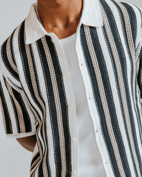 Wax London Porto - Ecru And Black Stripe Crochet Knitted Shirt - nineNORTH | Men's & Women's Clothing Boutique