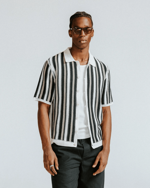 Wax London Porto - Ecru And Black Stripe Crochet Knitted Shirt - nineNORTH | Men's & Women's Clothing Boutique